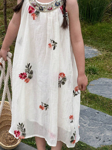 Young Girls' Round Neck Floral Embroidery Sleeveless Dress, Short In Front And Long In Back, Summer