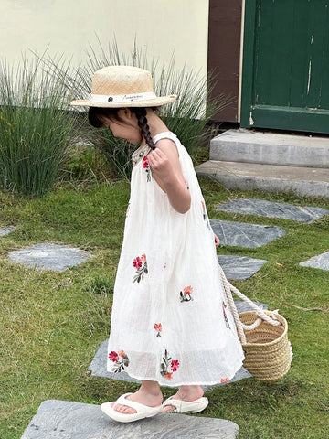 Young Girls' Round Neck Floral Embroidery Sleeveless Dress, Short In Front And Long In Back, Summer