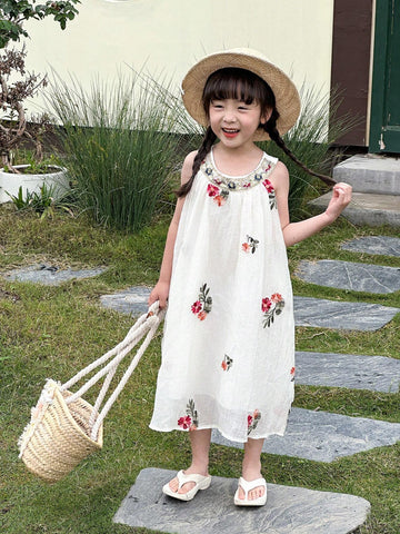 Young Girls' Round Neck Floral Embroidery Sleeveless Dress, Short In Front And Long In Back, Summer