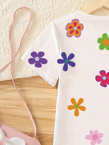 Young Girls' Round Neck Floral Printed Casual Short Sleeve Dress For Summer