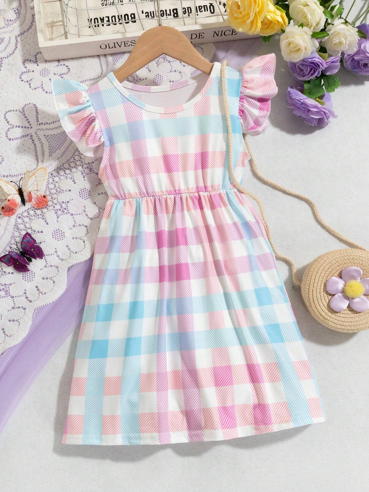 Young Girls' Round Neck Gingham Print Casual Sleeveless Dress For Summer