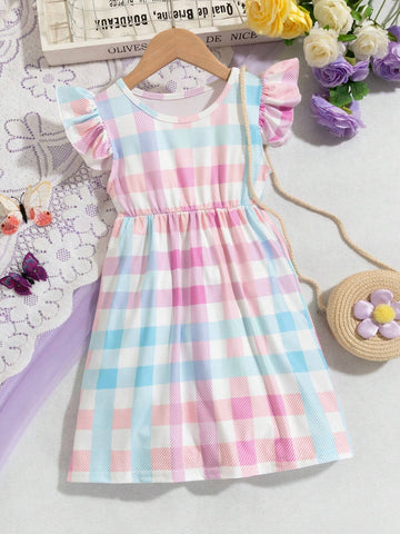 Young Girls' Round Neck Gingham Print Casual Sleeveless Dress For Summer
