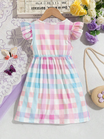 Young Girls' Round Neck Gingham Print Casual Sleeveless Dress For Summer