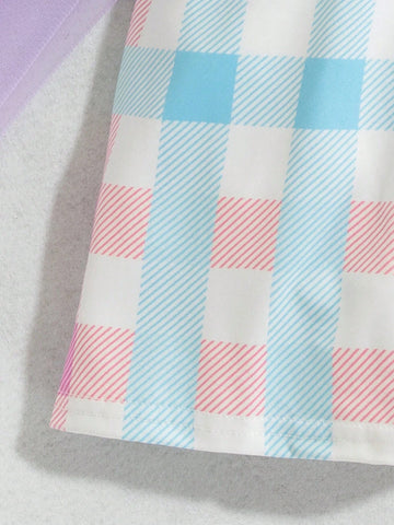 Young Girls' Round Neck Gingham Print Casual Sleeveless Dress For Summer