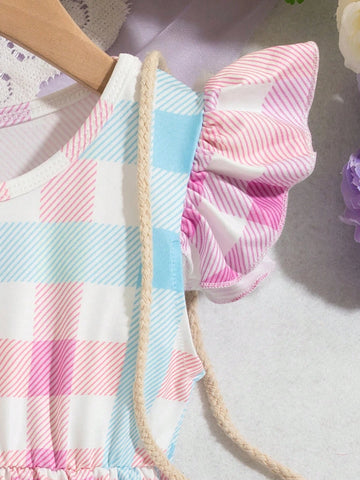Young Girls' Round Neck Gingham Print Casual Sleeveless Dress For Summer
