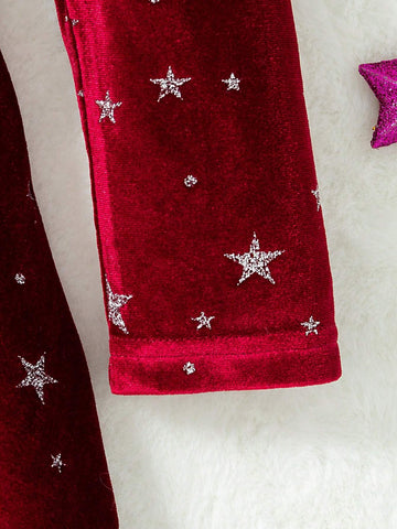 Young Girls Round Neck Hollow Bow Long Sleeve Glitter Star Velvet Dress