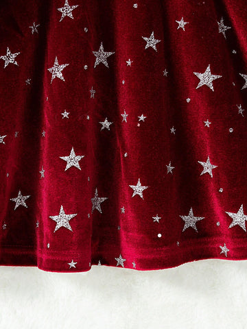 Young Girls Round Neck Hollow Bow Long Sleeve Glitter Star Velvet Dress