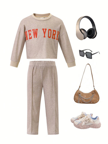 Young Girls' Round Neck Letter Printed Long Sleeve Top And Solid Color Pants Casual Sports 2pcs Outfit