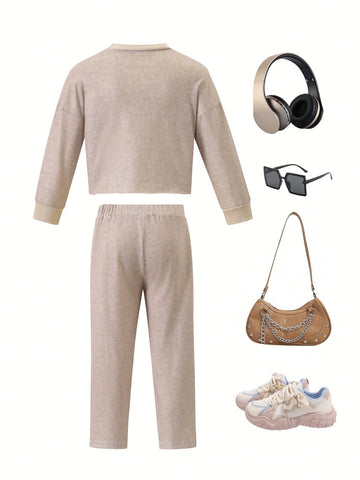 Young Girls' Round Neck Letter Printed Long Sleeve Top And Solid Color Pants Casual Sports 2pcs Outfit