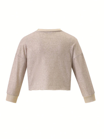 Young Girls' Round Neck Letter Printed Long Sleeve Top And Solid Color Pants Casual Sports 2pcs Outfit