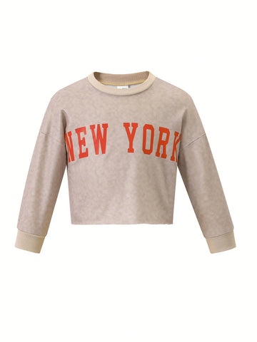 Young Girls' Round Neck Letter Printed Long Sleeve Top And Solid Color Pants Casual Sports 2pcs Outfit