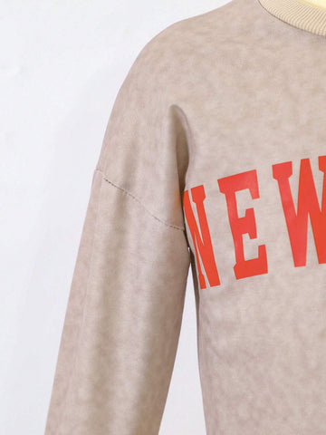 Young Girls' Round Neck Letter Printed Long Sleeve Top And Solid Color Pants Casual Sports 2pcs Outfit