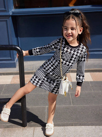 Young Girls Round Neck Long Sleeve Fitted Minimalist Casual Daily Dress