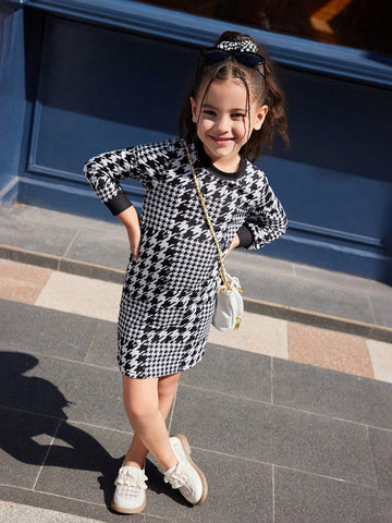 Young Girls Round Neck Long Sleeve Fitted Minimalist Casual Daily Dress