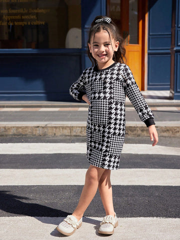 Young Girls Round Neck Long Sleeve Fitted Minimalist Casual Daily Dress