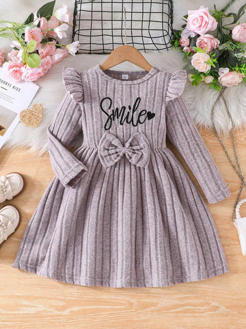 Young Girls Round Neck Long Sleeve Ruffled Shoulder Elegant Knitted Striped Letter Print Waist Bow Cute Fluffy Princess Dress, Fall & Winter