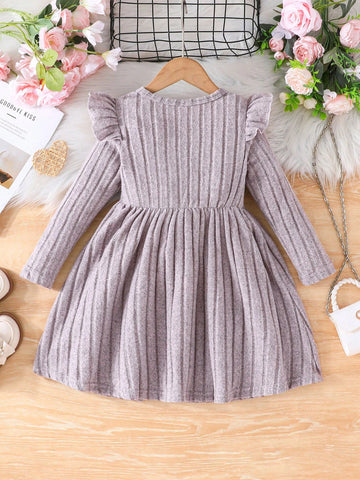 Young Girls Round Neck Long Sleeve Ruffled Shoulder Elegant Knitted Striped Letter Print Waist Bow Cute Fluffy Princess Dress, Fall & Winter