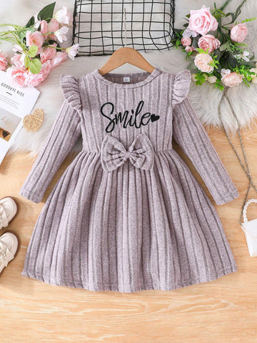 Young Girls Round Neck Long Sleeve Ruffled Shoulder Elegant Knitted Striped Letter Print Waist Bow Cute Fluffy Princess Dress, Fall & Winter