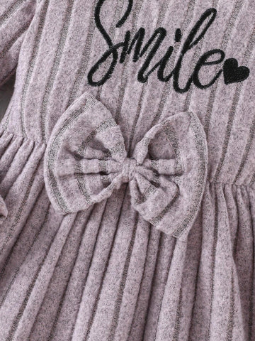 Young Girls Round Neck Long Sleeve Ruffled Shoulder Elegant Knitted Striped Letter Print Waist Bow Cute Fluffy Princess Dress, Fall & Winter