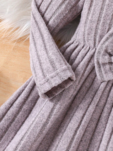 Young Girls Round Neck Long Sleeve Ruffled Shoulder Elegant Knitted Striped Letter Print Waist Bow Cute Fluffy Princess Dress, Fall & Winter