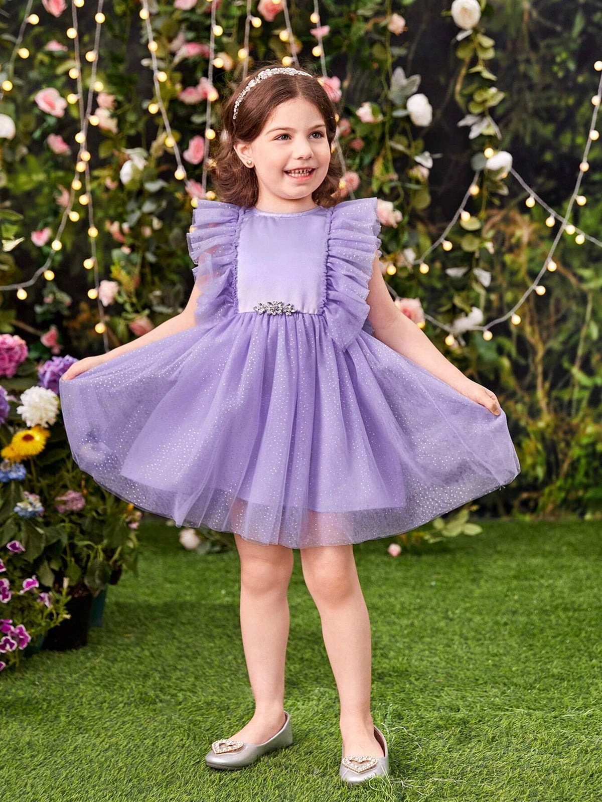 Young Girls' Round Neck Mesh Dress With Ruffle Sleeves, Back V-Neck And Detachable Bowknot
