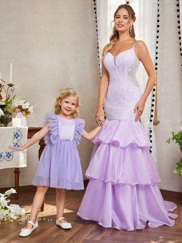 Young Girls' Round Neck Mesh Dress With Ruffle Sleeves, Back V-Neck And Detachable Bowknot