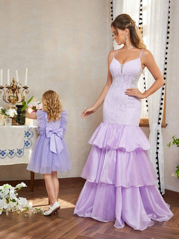 Young Girls' Round Neck Mesh Dress With Ruffle Sleeves, Back V-Neck And Detachable Bowknot