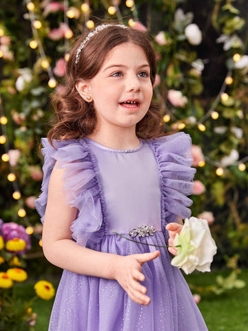 Young Girls' Round Neck Mesh Dress With Ruffle Sleeves, Back V-Neck And Detachable Bowknot