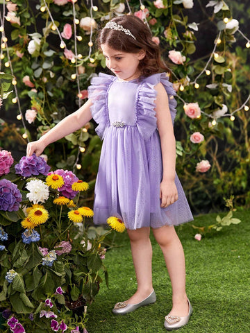 Young Girls' Round Neck Mesh Dress With Ruffle Sleeves, Back V-Neck And Detachable Bowknot