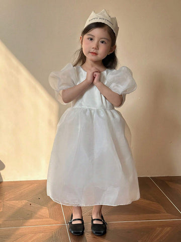 Young Girls' Round Neck Puff Sleeve Dress