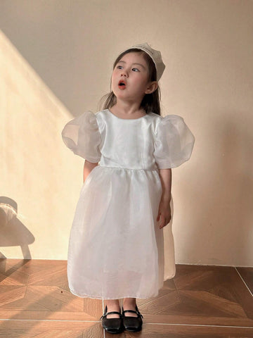 Young Girls' Round Neck Puff Sleeve Dress