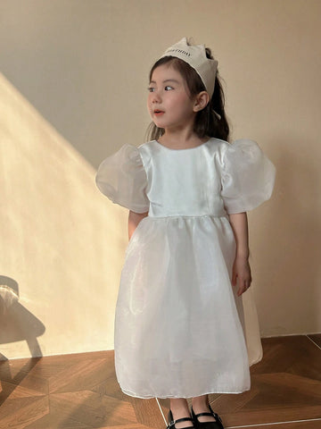 Young Girls' Round Neck Puff Sleeve Dress