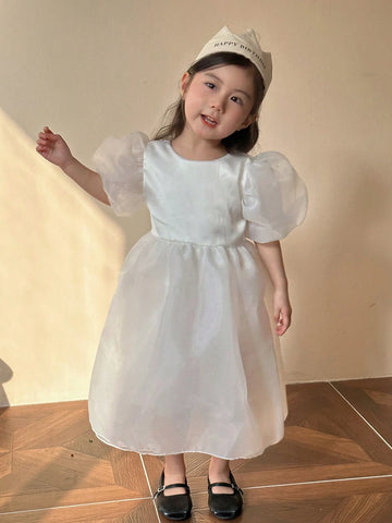 Young Girls' Round Neck Puff Sleeve Dress