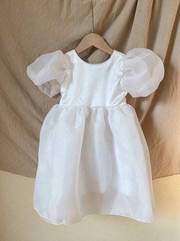 Young Girls' Round Neck Puff Sleeve Dress