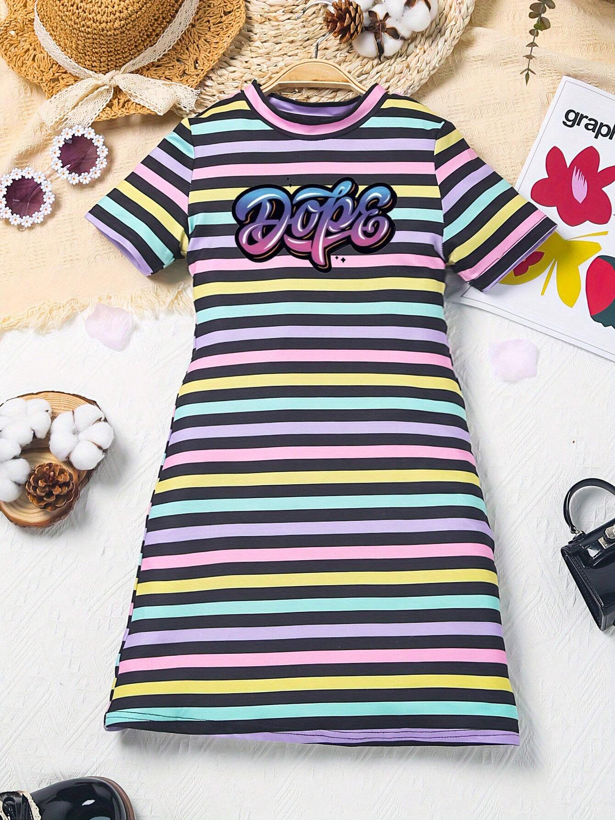 Young Girls' Round Neck Short Sleeve Dress With Letter And Striped Print For Summer