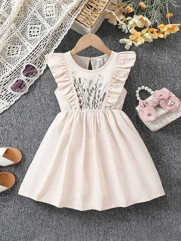 Young Girl's Round Neck Short Sleeve Plant Embroidered A-Line Dress