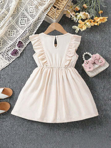 Young Girl's Round Neck Short Sleeve Plant Embroidered A-Line Dress