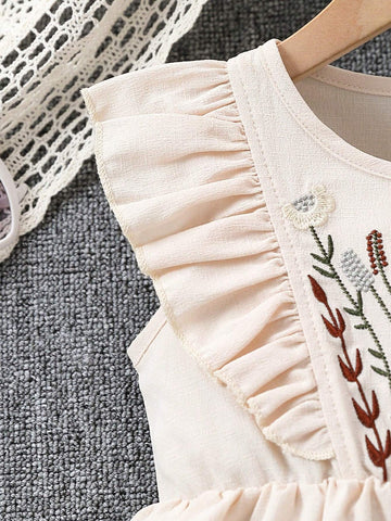 Young Girl's Round Neck Short Sleeve Plant Embroidered A-Line Dress
