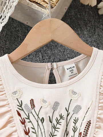 Young Girl's Round Neck Short Sleeve Plant Embroidered A-Line Dress