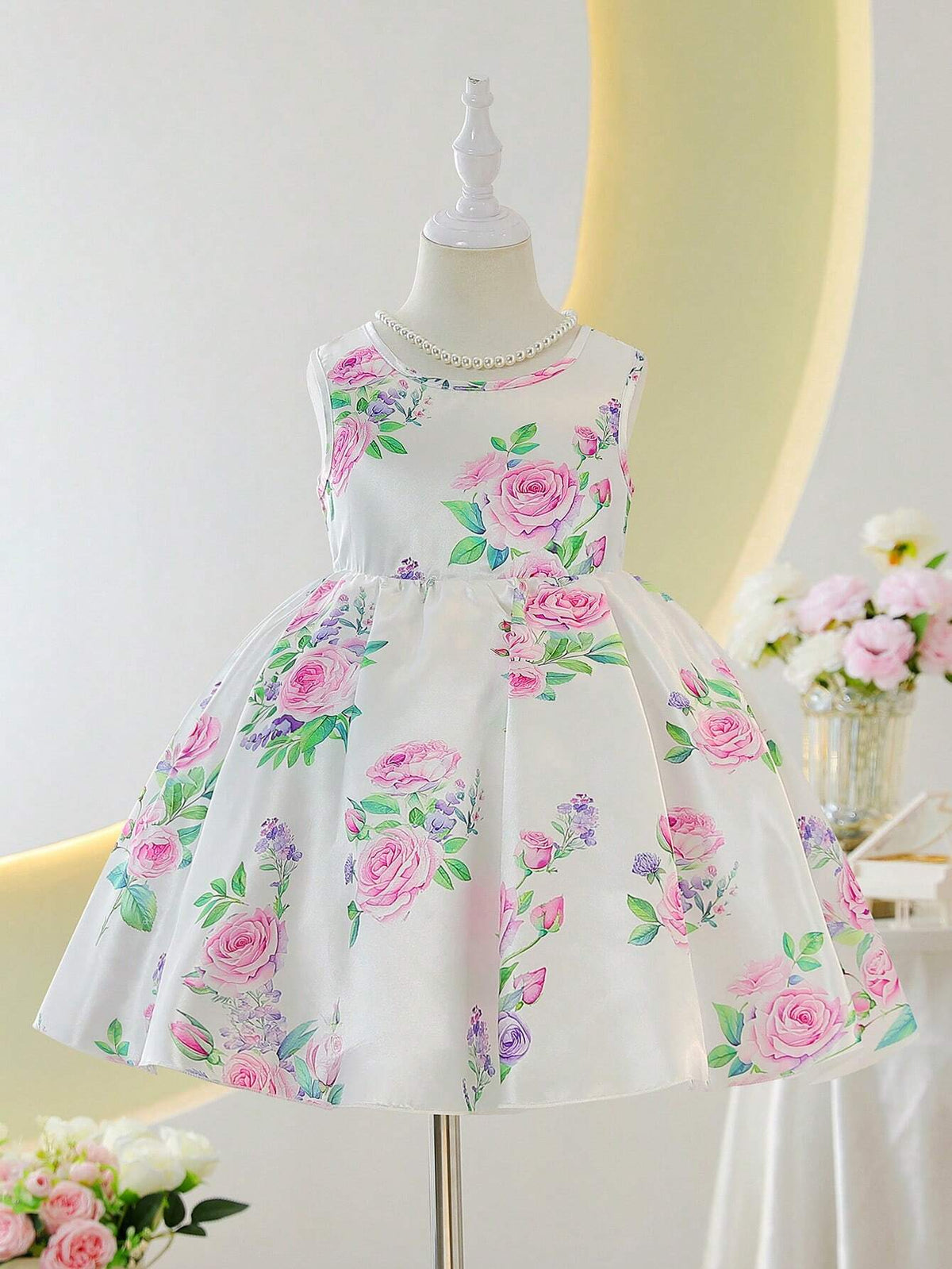 Young Girls' Round Neck Sleeveless Floral Printed Summer Dress