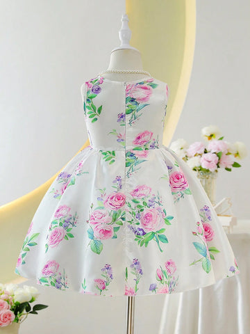 Young Girls' Round Neck Sleeveless Floral Printed Summer Dress