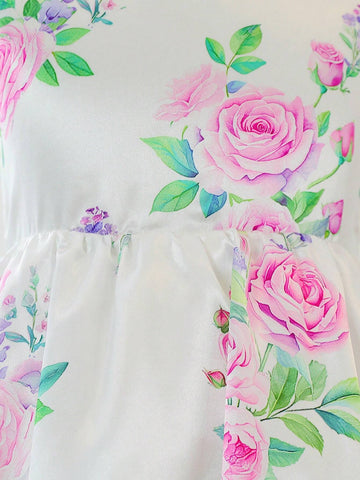 Young Girls' Round Neck Sleeveless Floral Printed Summer Dress