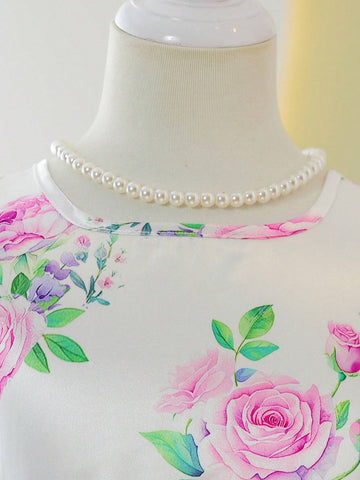 Young Girls' Round Neck Sleeveless Floral Printed Summer Dress