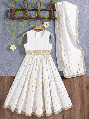 Young Girl's Round Neck Sleeveless Solid Color Splicing Simple Mini Dress