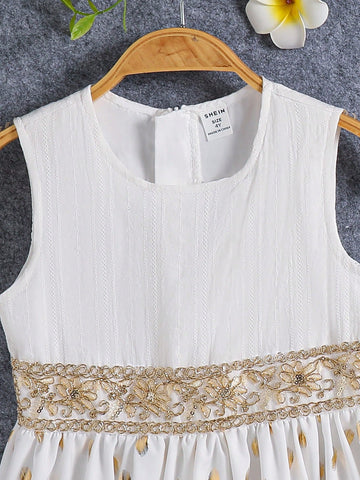 Young Girl's Round Neck Sleeveless Solid Color Splicing Simple Mini Dress