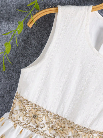 Young Girl's Round Neck Sleeveless Solid Color Splicing Simple Mini Dress