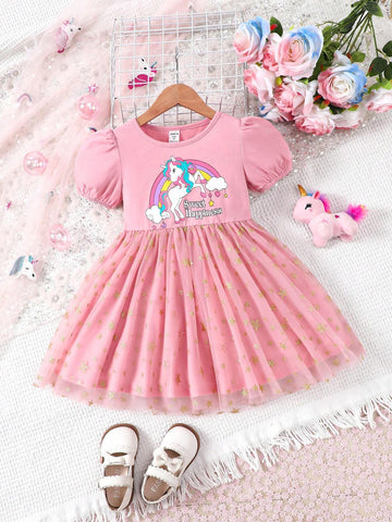 Young Girl's Round Neck Unicorn Print Bubble Sleeve Top With Pink & Gold Mesh Skirt Dress