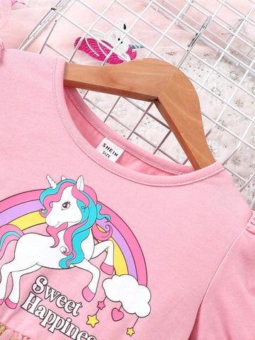 Young Girl's Round Neck Unicorn Print Bubble Sleeve Top With Pink & Gold Mesh Skirt Dress