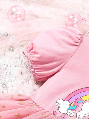 Young Girl's Round Neck Unicorn Print Bubble Sleeve Top With Pink & Gold Mesh Skirt Dress