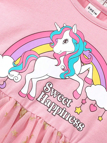 Young Girl's Round Neck Unicorn Print Bubble Sleeve Top With Pink & Gold Mesh Skirt Dress